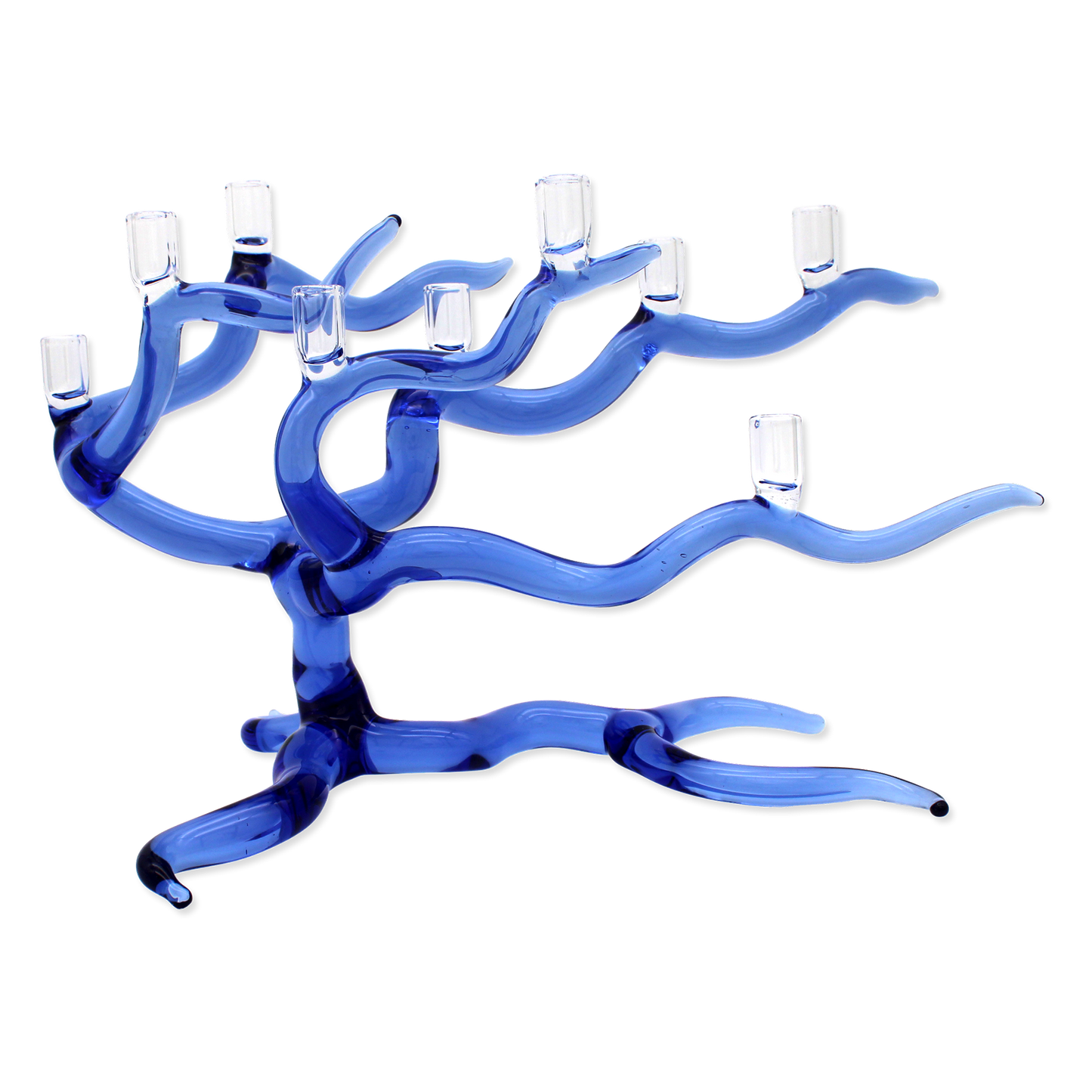 Blue glass candle holder with multiple arms on a white background