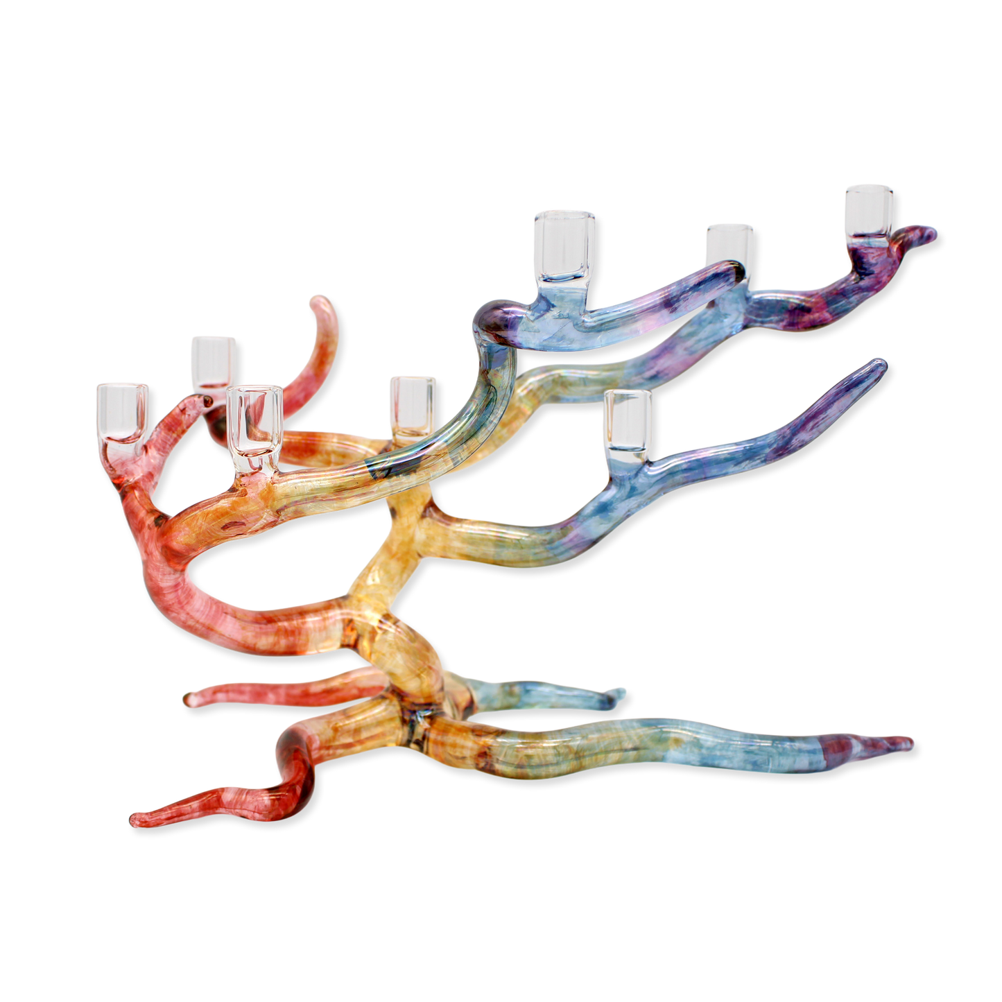 Colorful glass candle holder shaped like a windswept tree on a white background