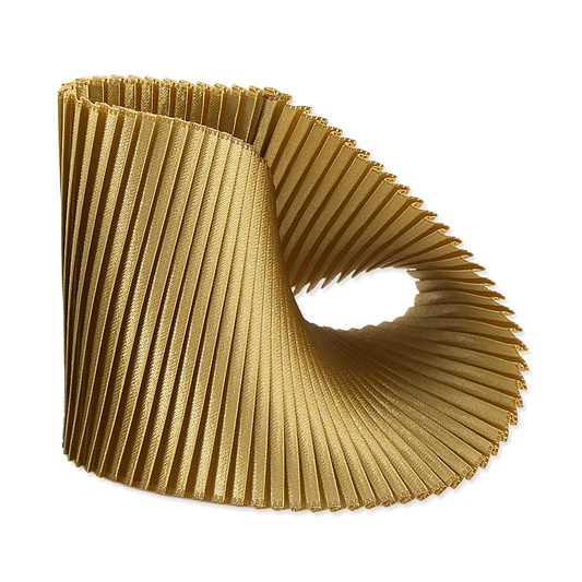 Gold pleated decorative object on a white background
