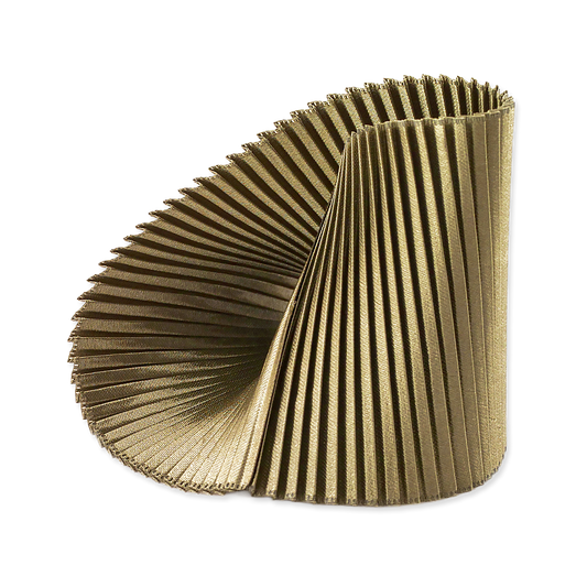 Gold pleated cylindrical object on a white background