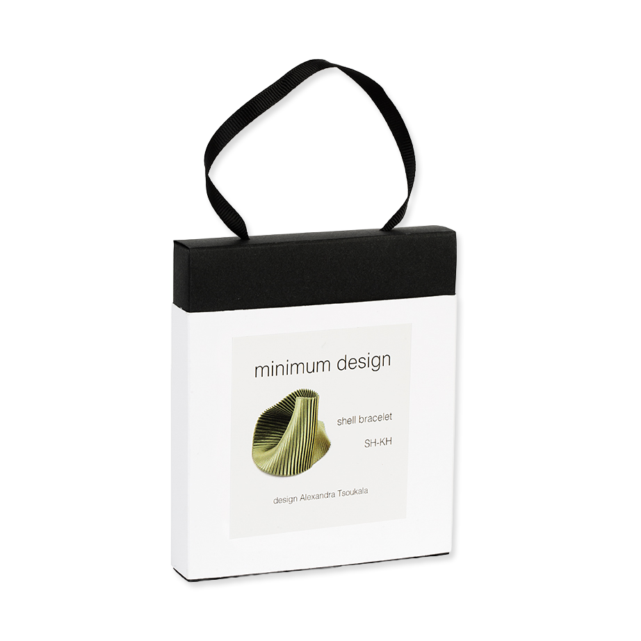 White packaging box with black handle featuring 'minimum design' and a shell bracelet illustration.