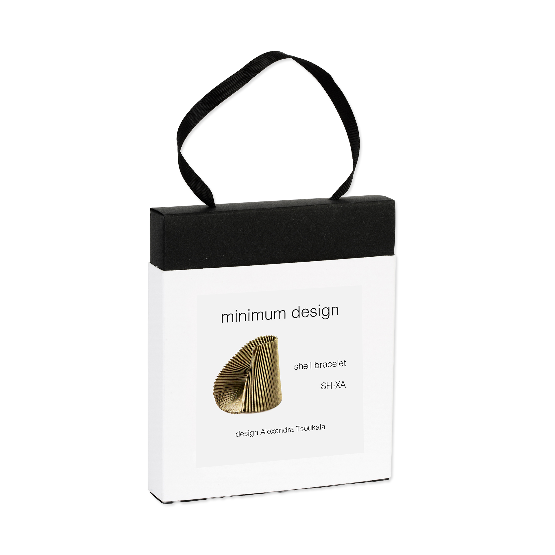 White packaging box with black handle featuring 'minimum design' and a shell bracelet illustration.