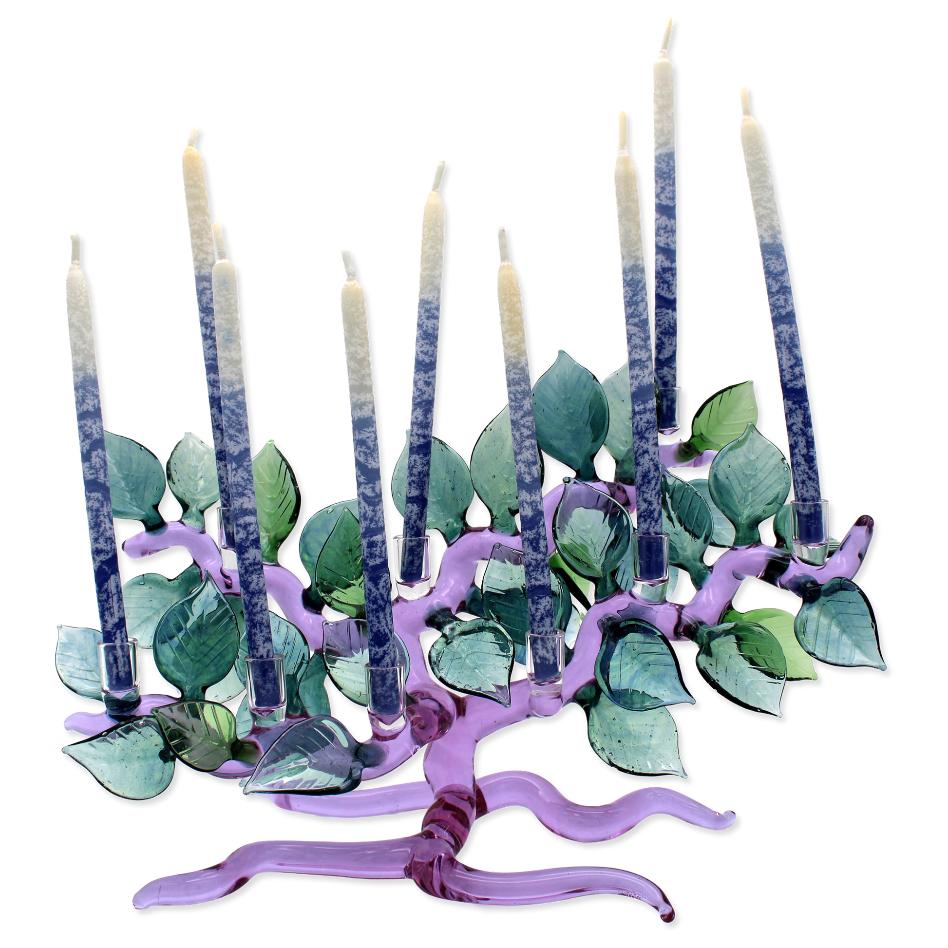 Decorative candle holder shaped like a tree with candles on a white background