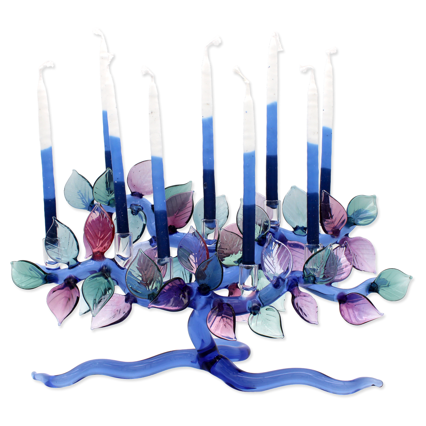 Decorative candle holder with blue and purple leaves on a white background