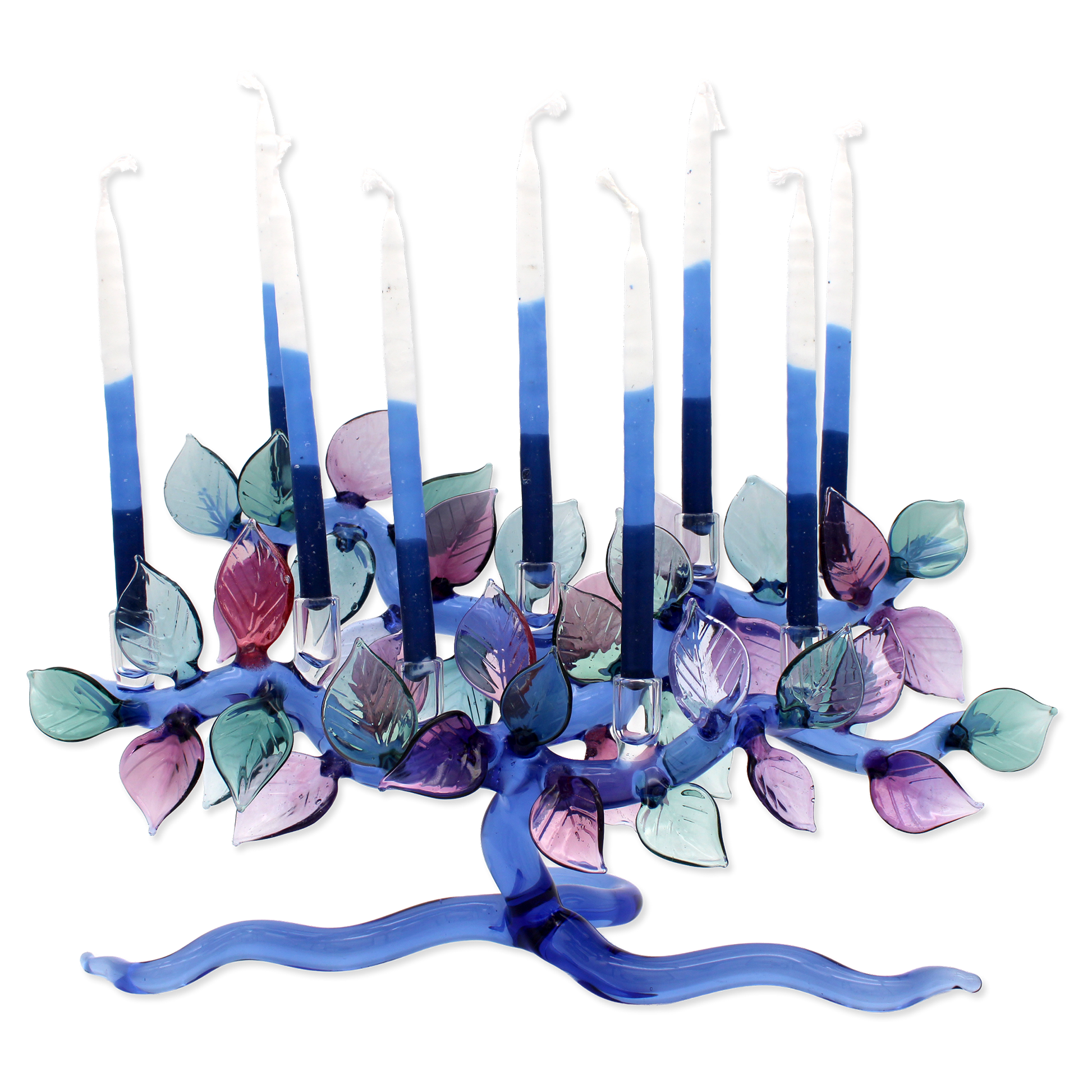 Decorative candle holder with blue and purple leaves on a white background