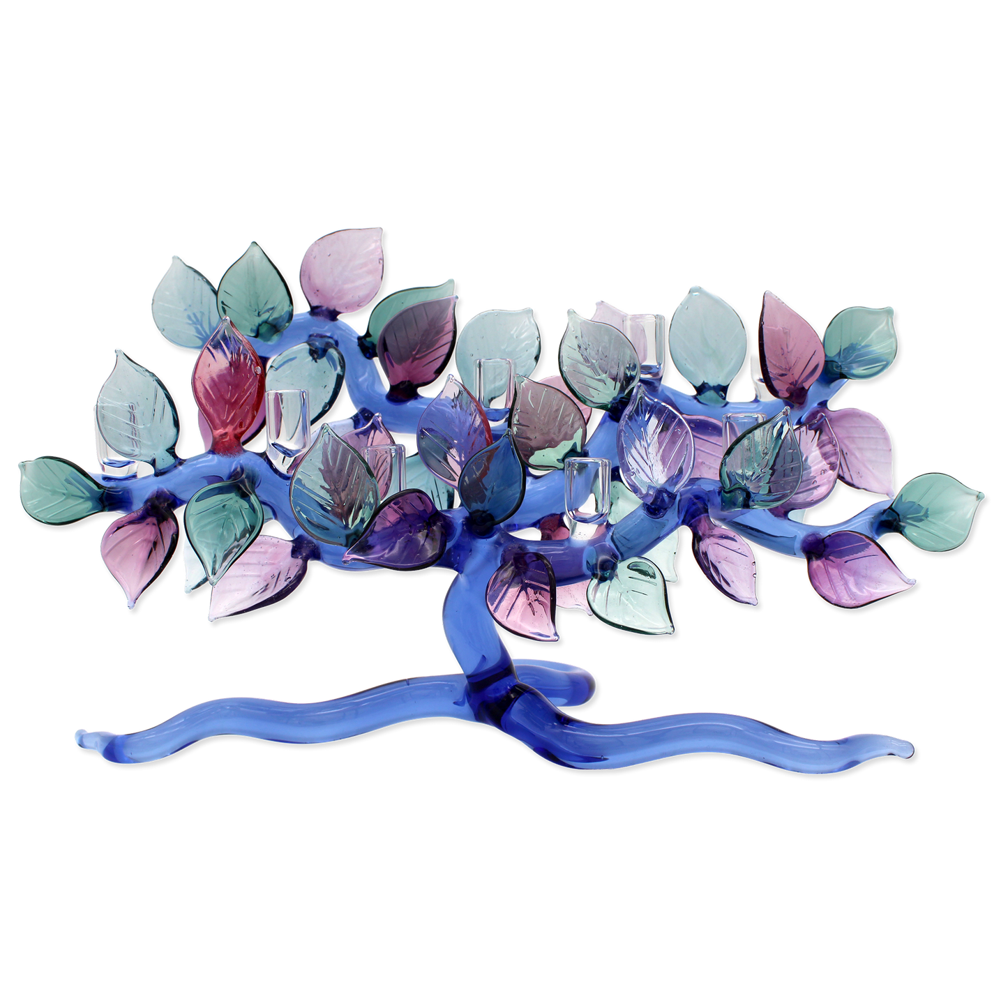 Decorative candle holder with colorful leaf-like designs on a white background