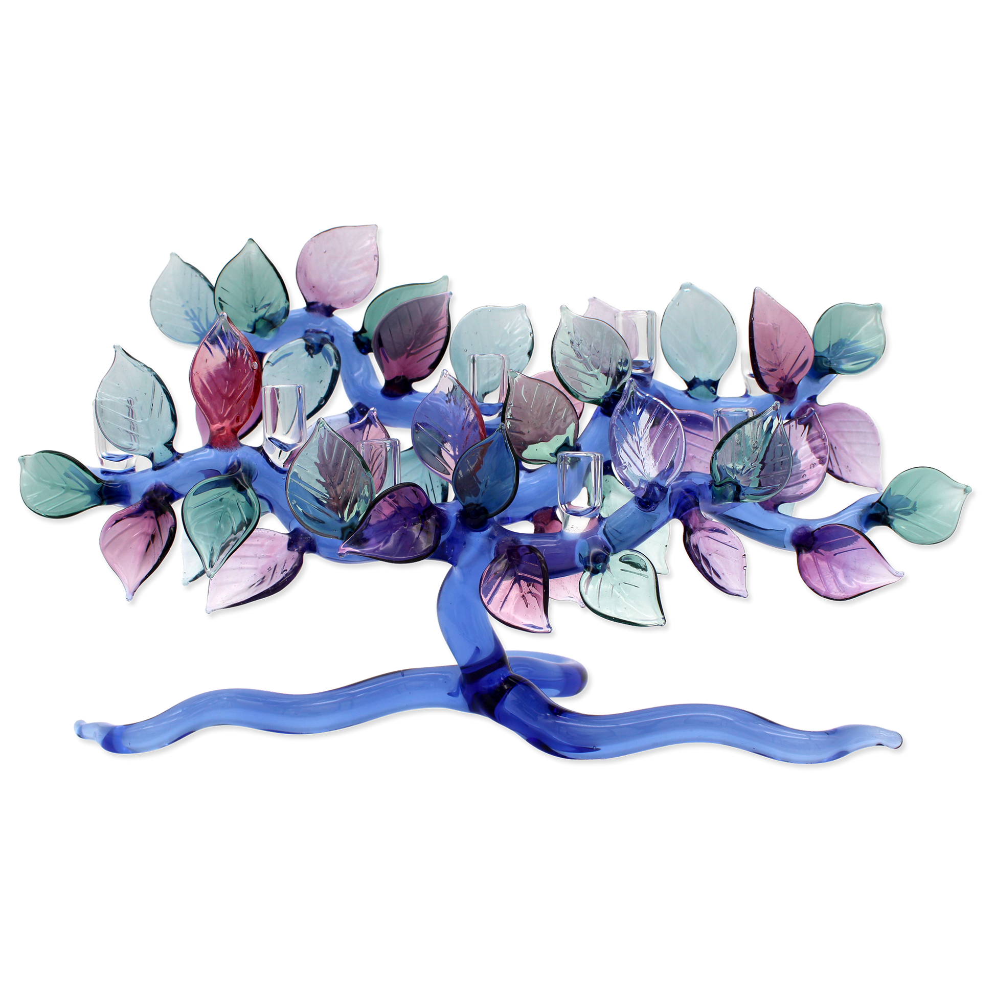 Decorative candle holder with colorful leaf-like designs on a white background