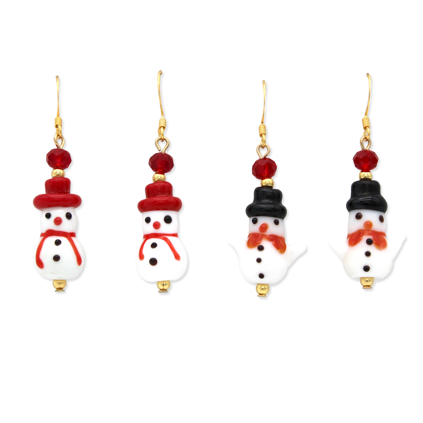 Two pairs of earrings featuring glass snow people, wearing red and black hats, and red scarves.
