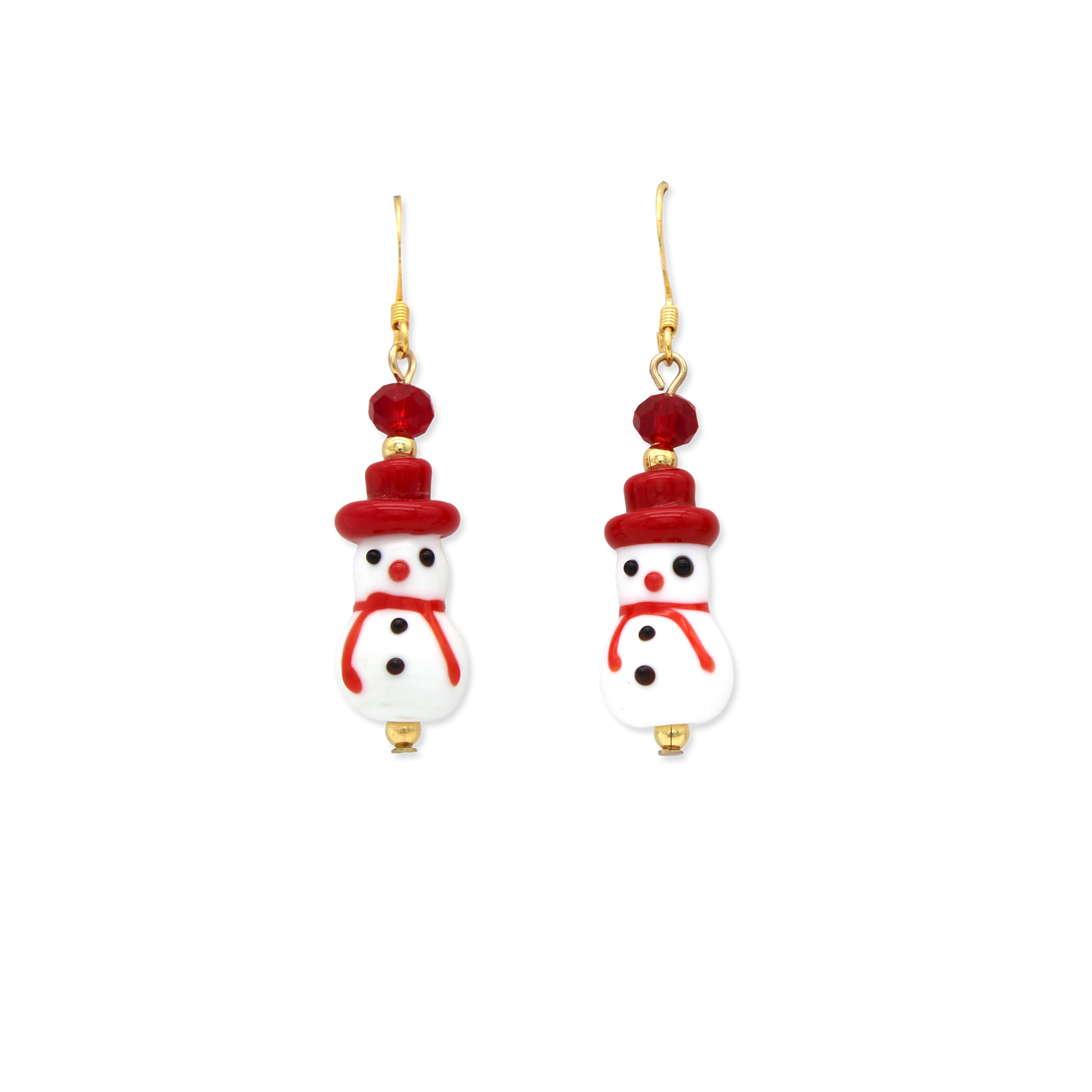Pair of glass earrings with snow person design, with red hat and scarf