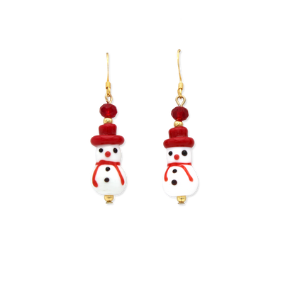 Pair of glass earrings with snow person design, with red hat and scarf
