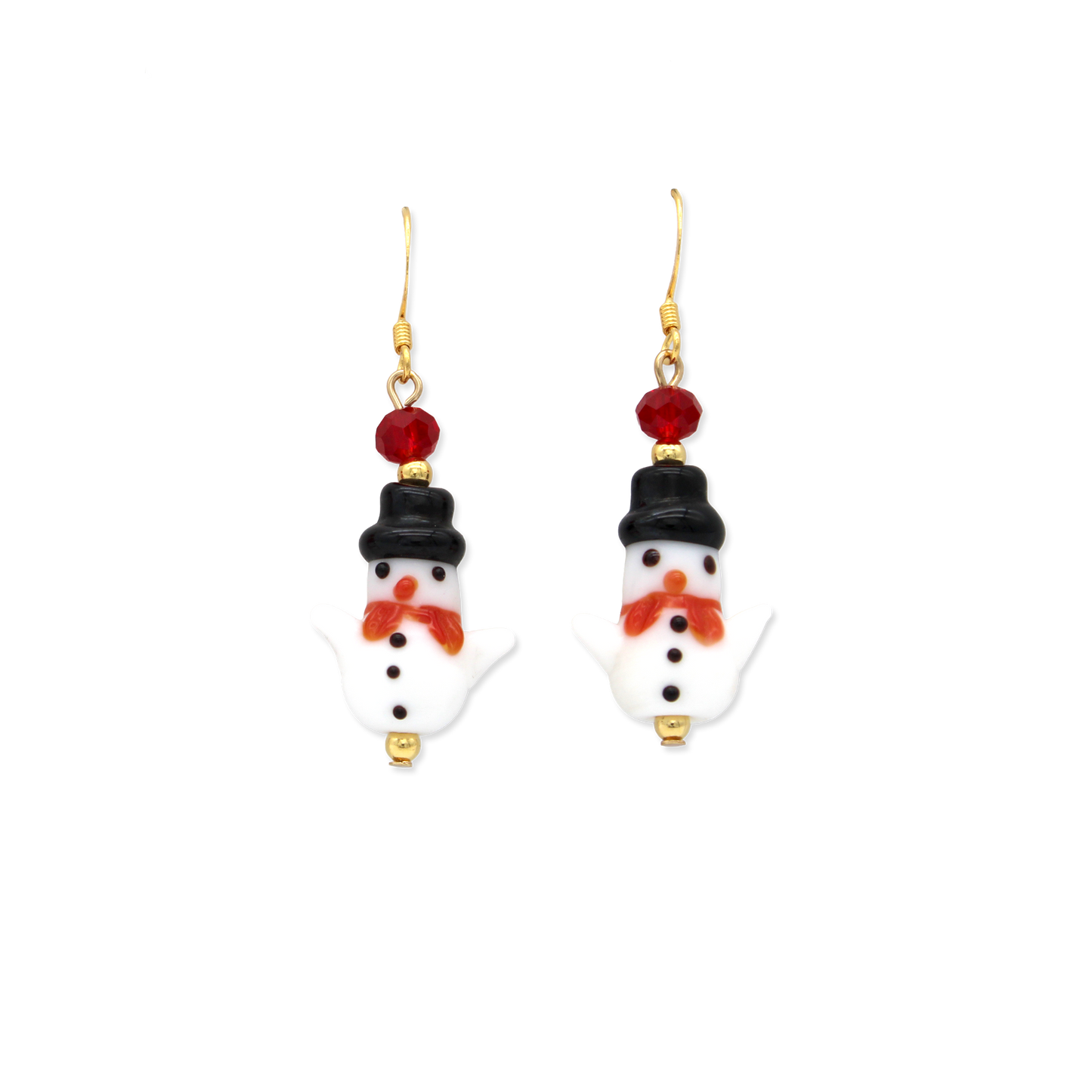 Pair of glass earrings with snow person design, with black hat and red scarf