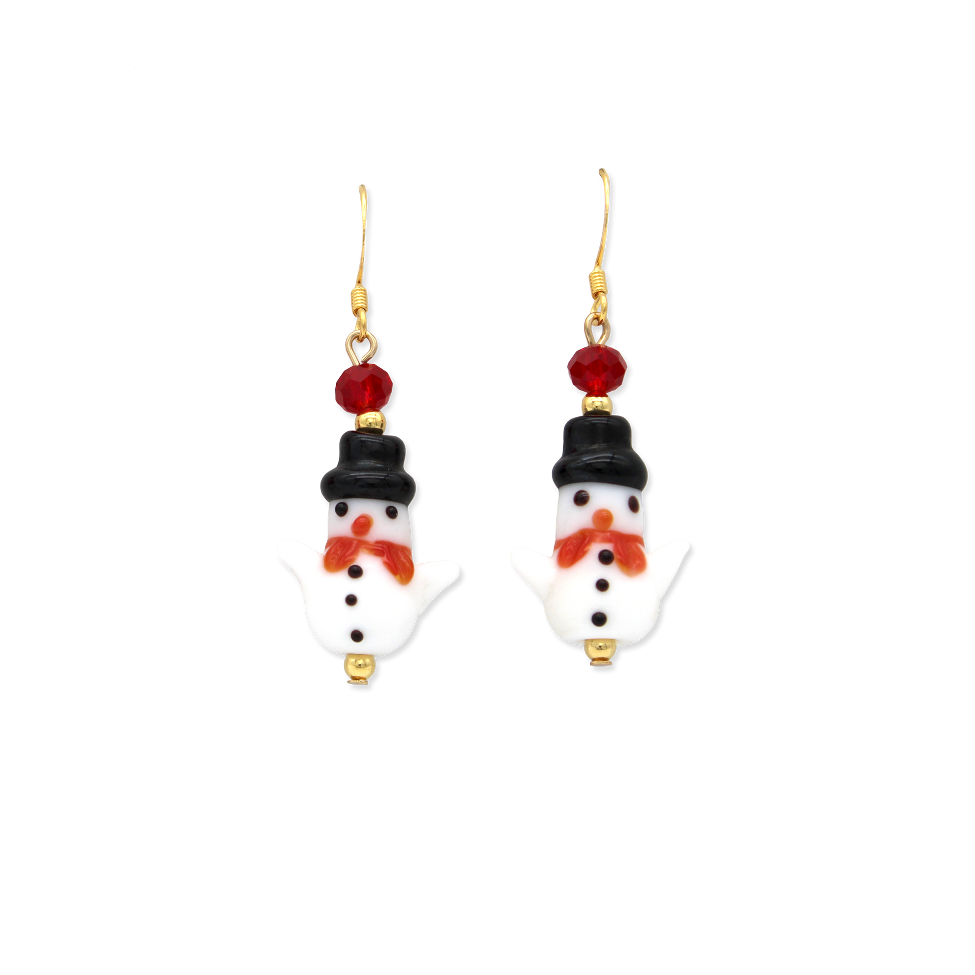 Pair of glass earrings with snow person design, with black hat and red scarf