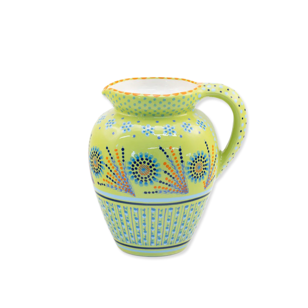 Decorative ceramic pitcher with floral patterns on a white background