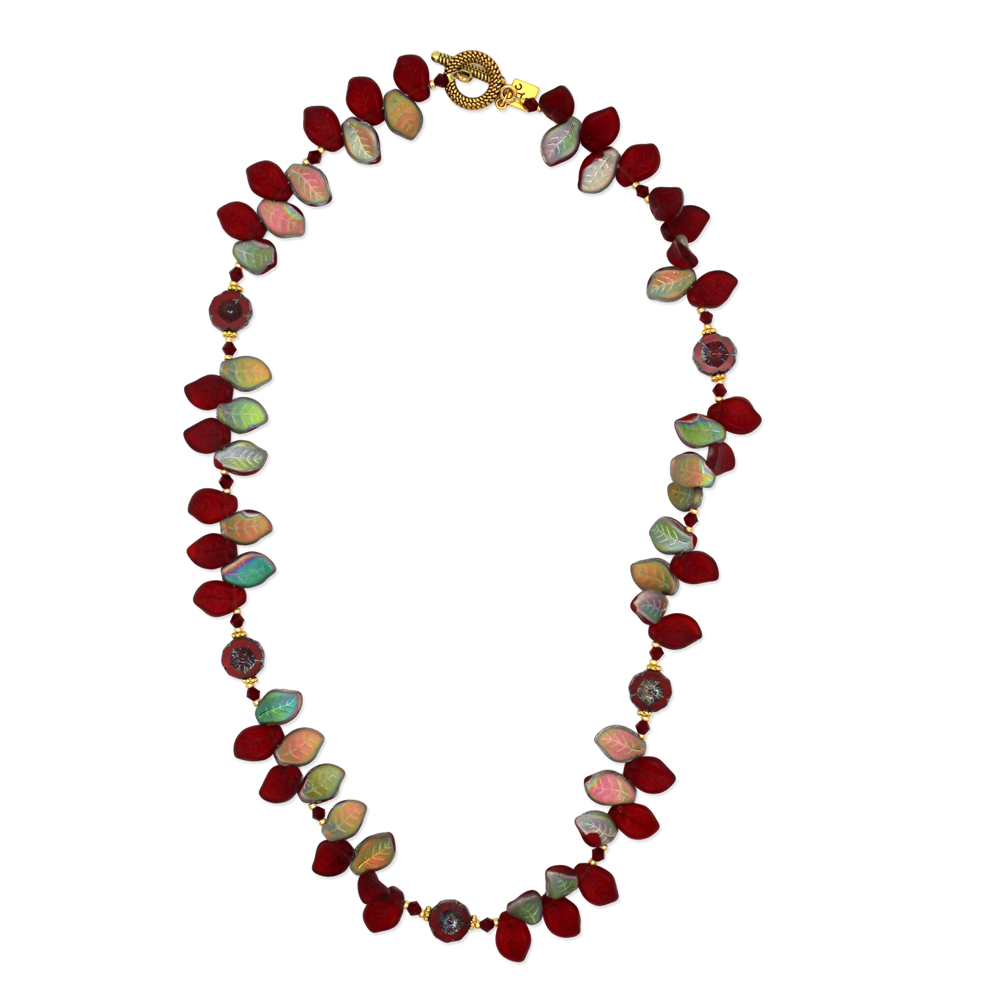 Necklace with red iridescent leaf beads on a white background