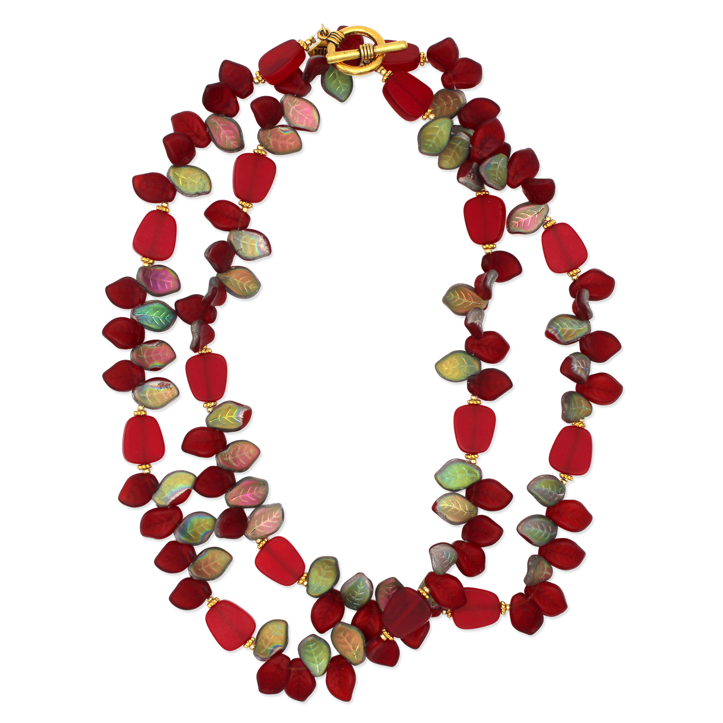 Necklace with red and multicolored beads on a white background