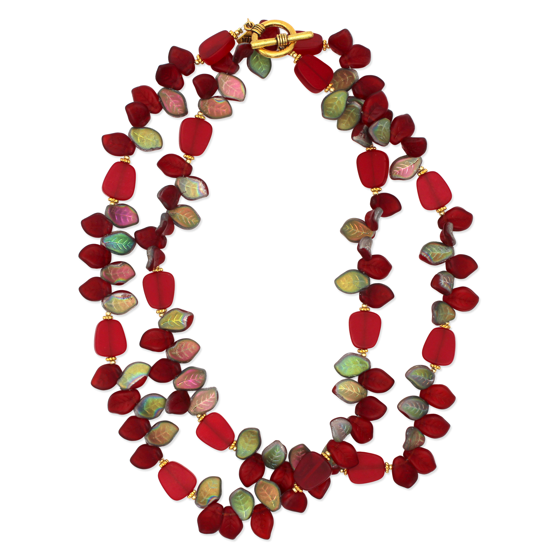 Necklace with red and multicolored beads on a white background