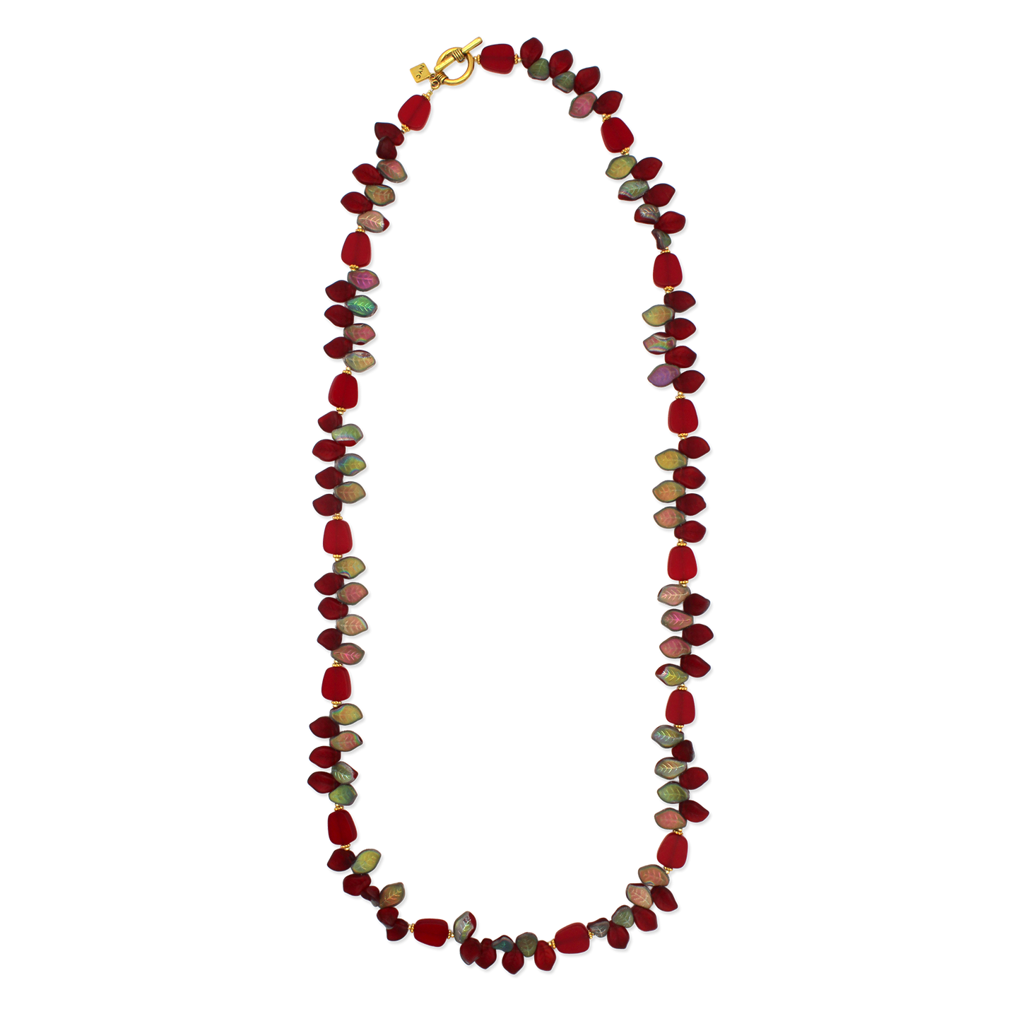 Necklace with multicolored beads on a white background