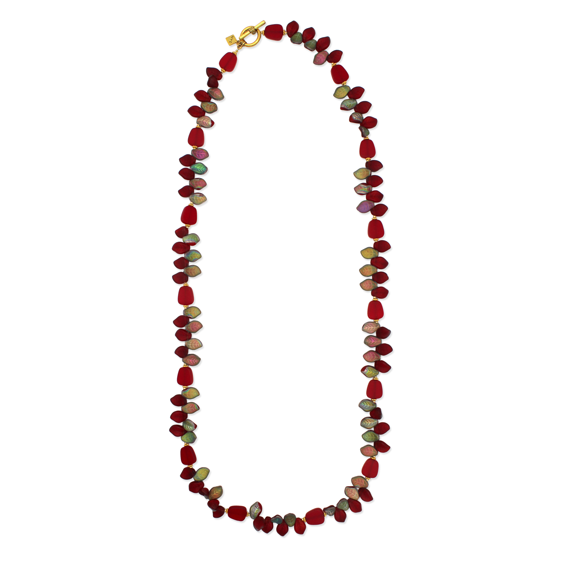 Necklace with multicolored beads on a white background