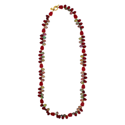 Necklace with multicolored beads on a white background