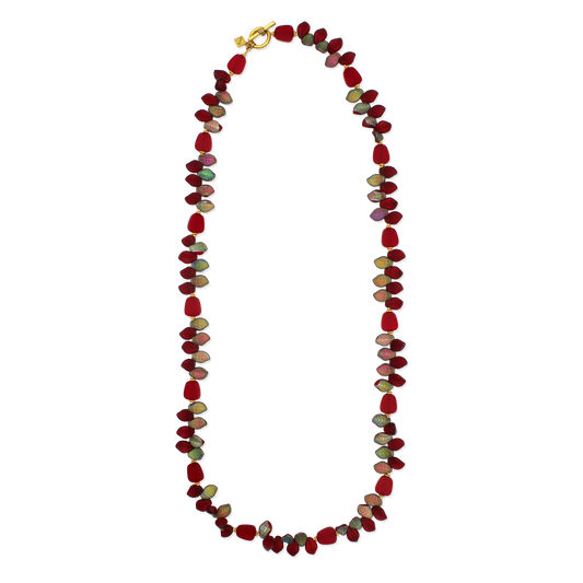 Necklace with multicolored beads on a white background