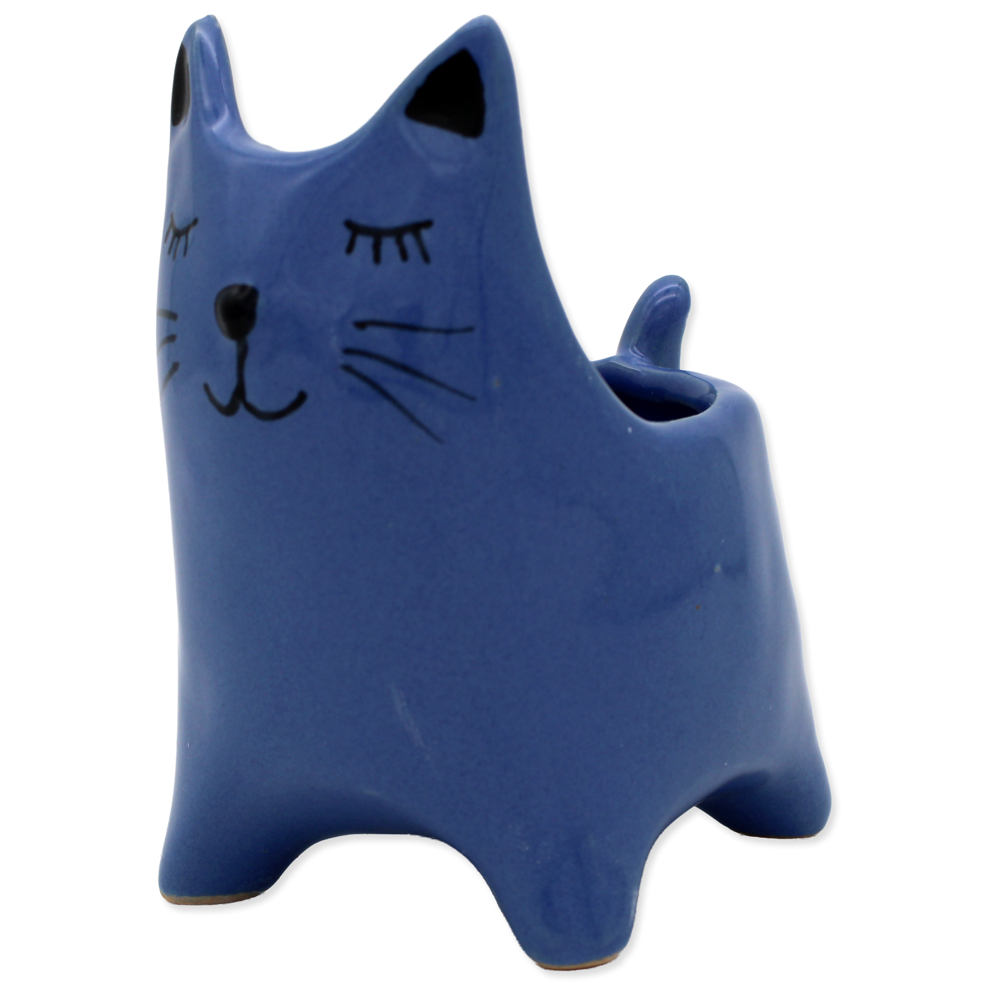 Blue cat-shaped ceramic planter on a white background