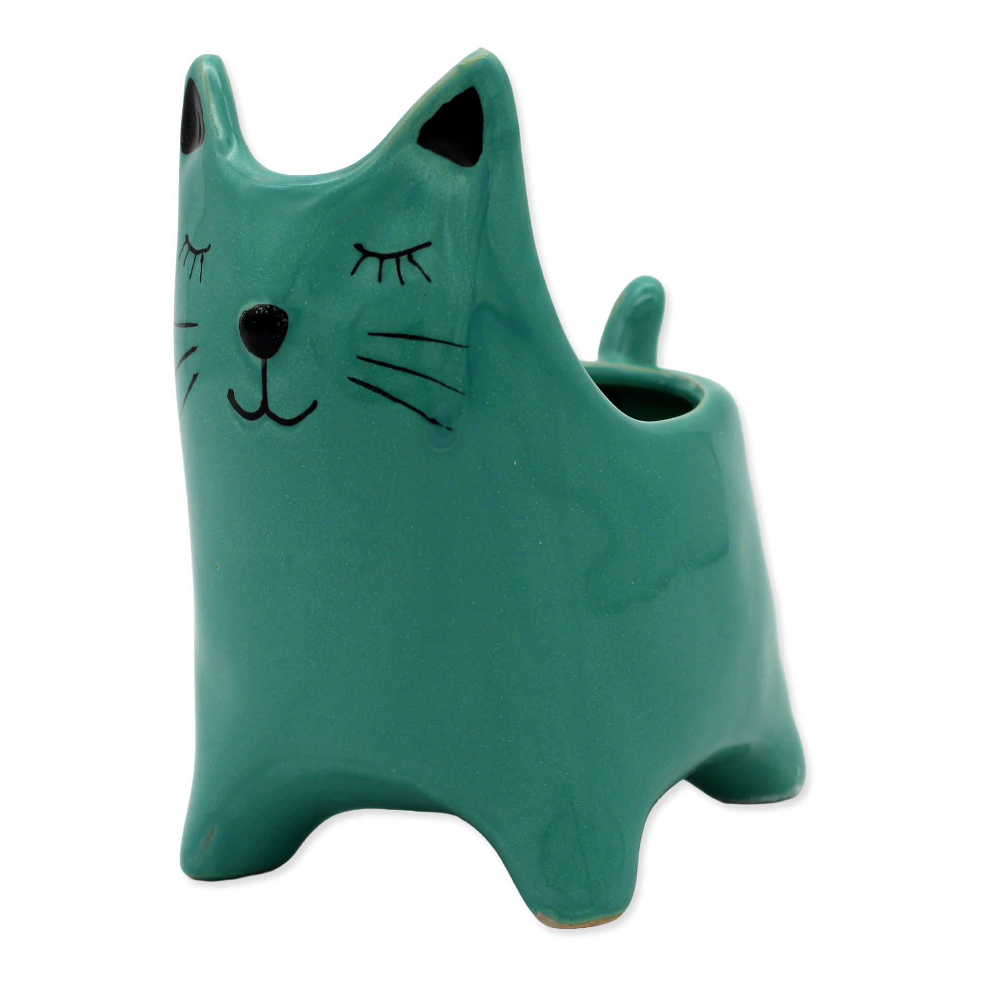 Green cat-shaped vase on a white background
