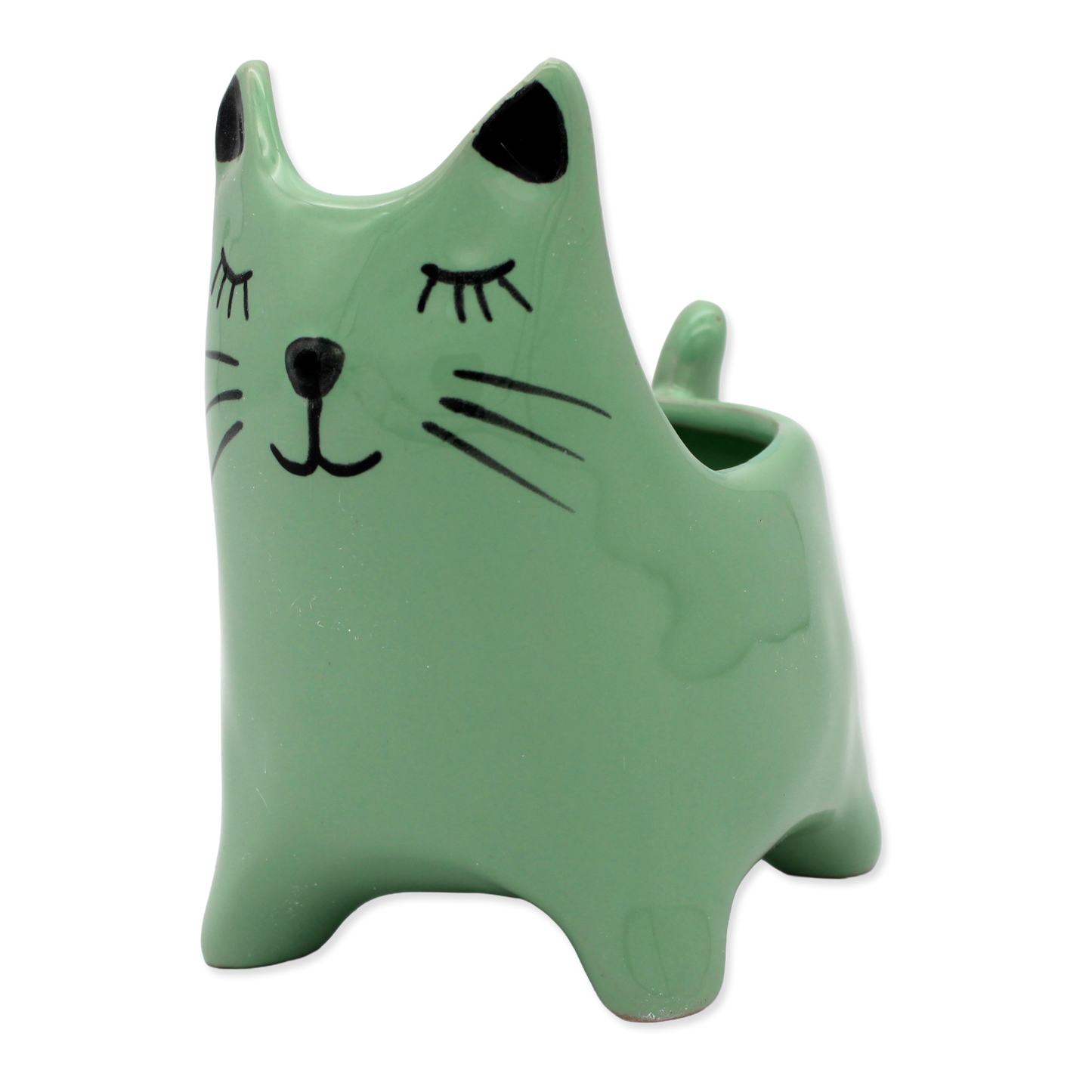 Green cat-shaped vase with black accents on a white background