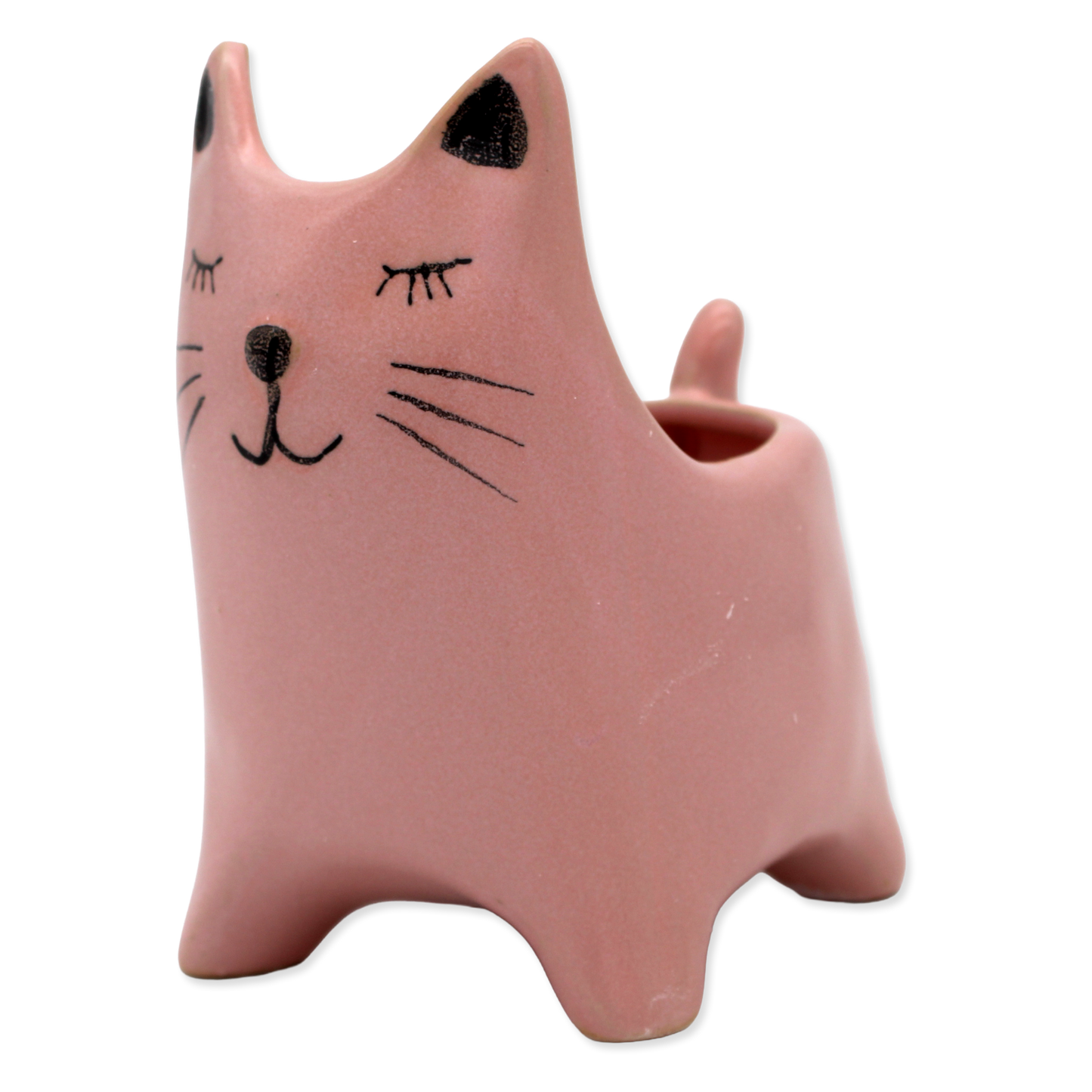Pink cat-shaped ceramic vase on a white background