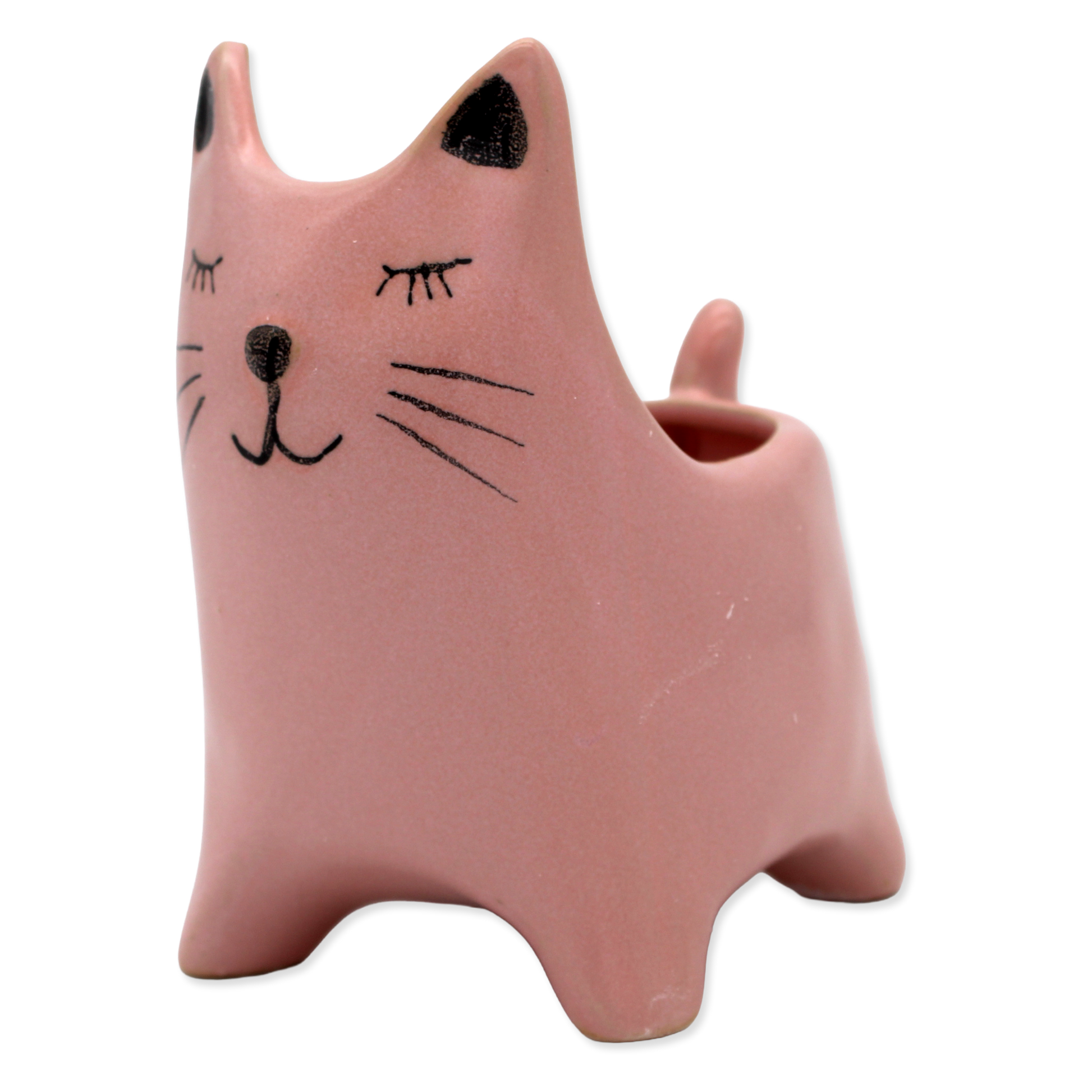 Pink cat-shaped ceramic vase on a white background