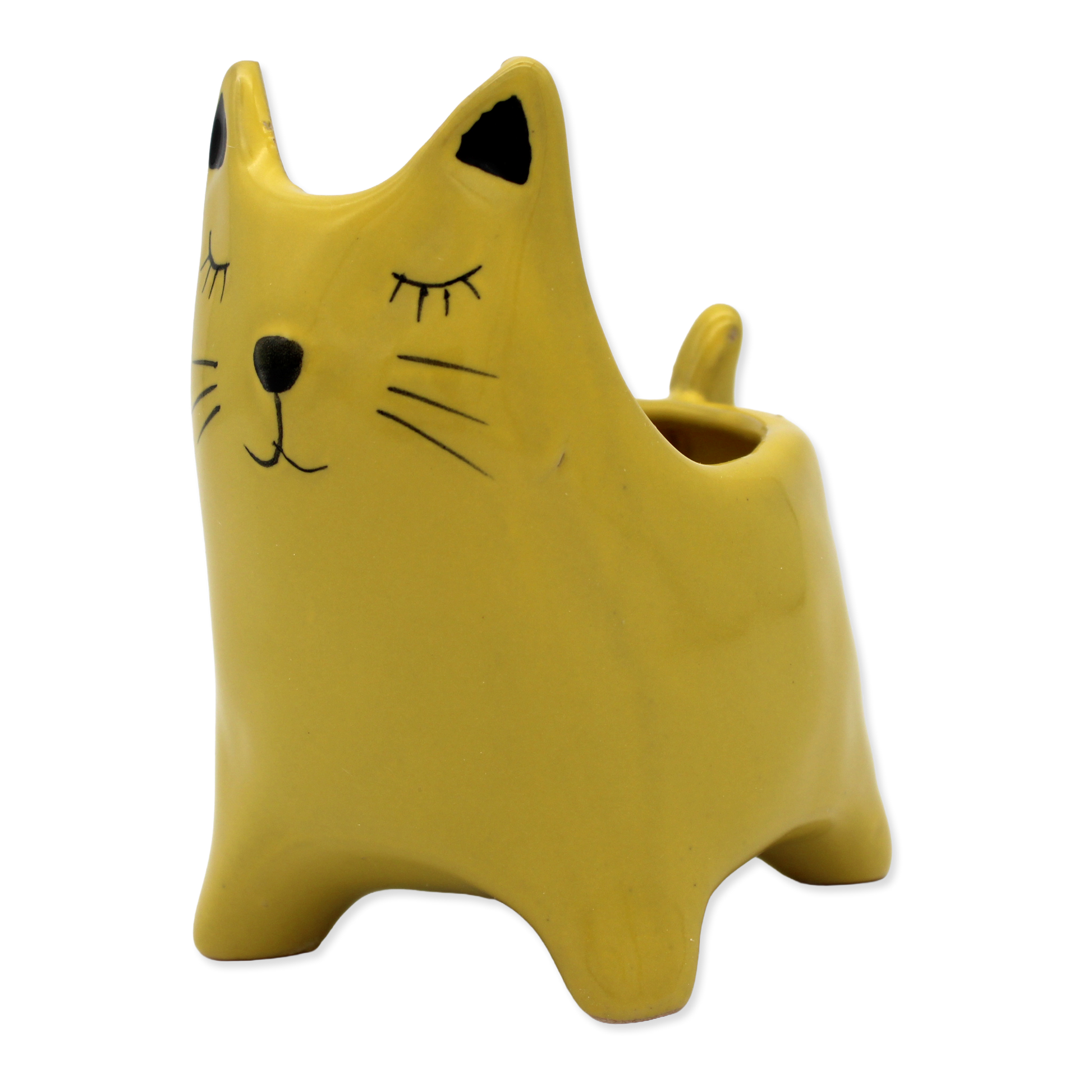 Yellow cat-shaped ceramic planter on a white background