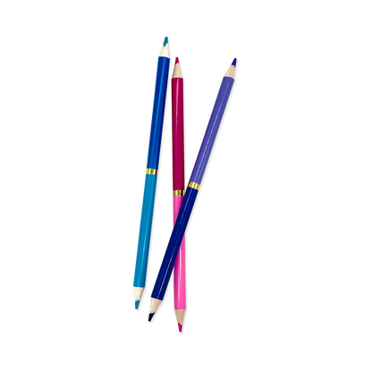 Three colored pencils (blue, pink, purple) on a white background