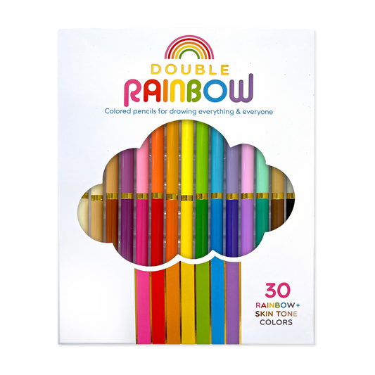 Double Rainbow colored pencils packaging with colorful pencils and brand name on a white background