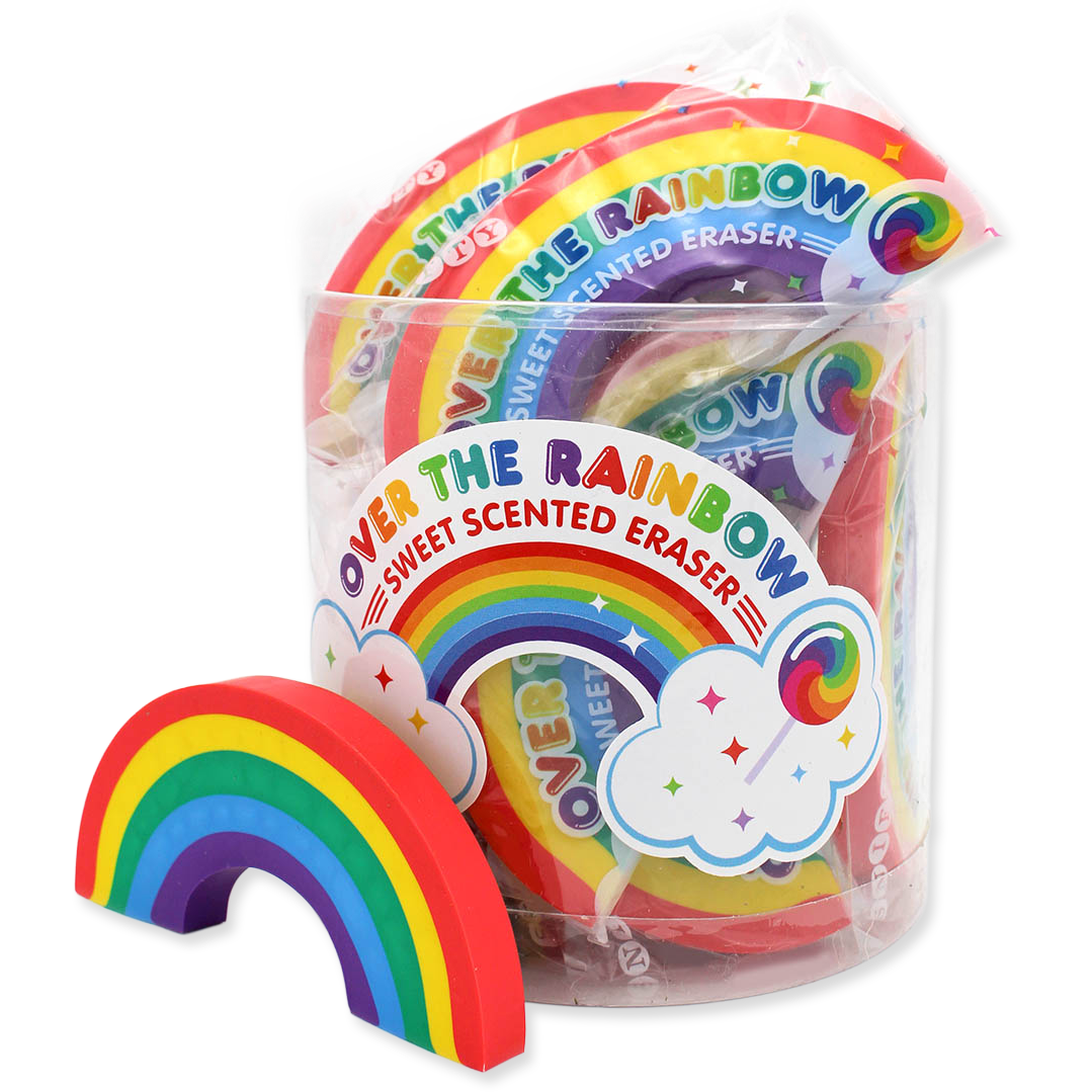 Packaged rainbow-scented erasers with colorful packaging on a white background