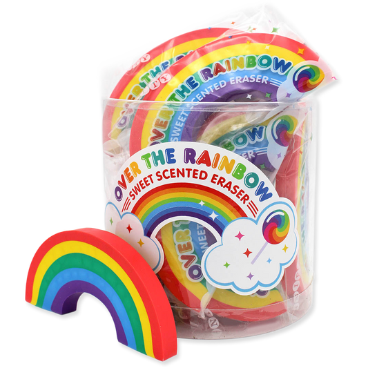 Packaged rainbow-scented erasers with colorful packaging on a white background