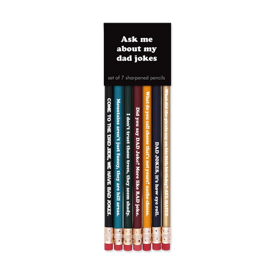 Set of 7 sharpened pencils with humorous sayings on a black card, labeled 'Ask me about my dad jokes'.