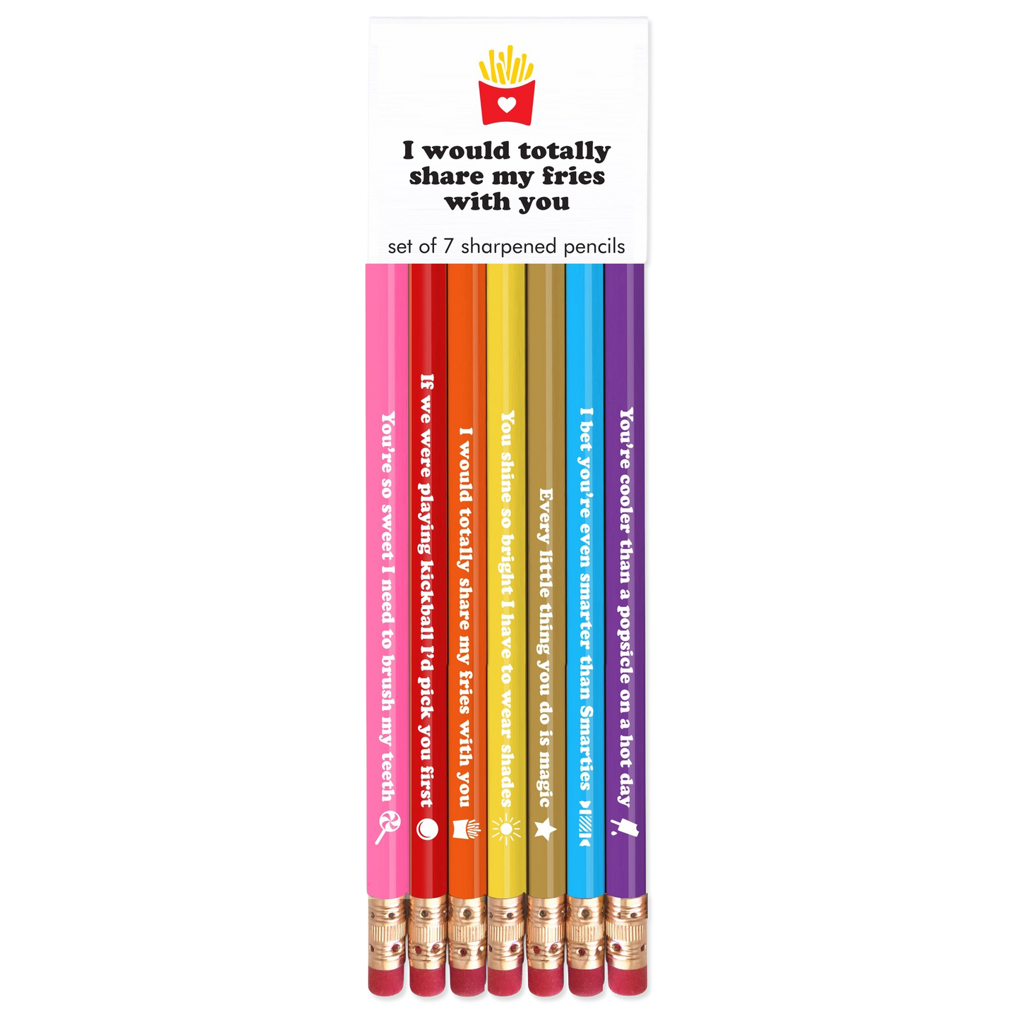 Set of 7 colorful pencils with humorous text on a white background