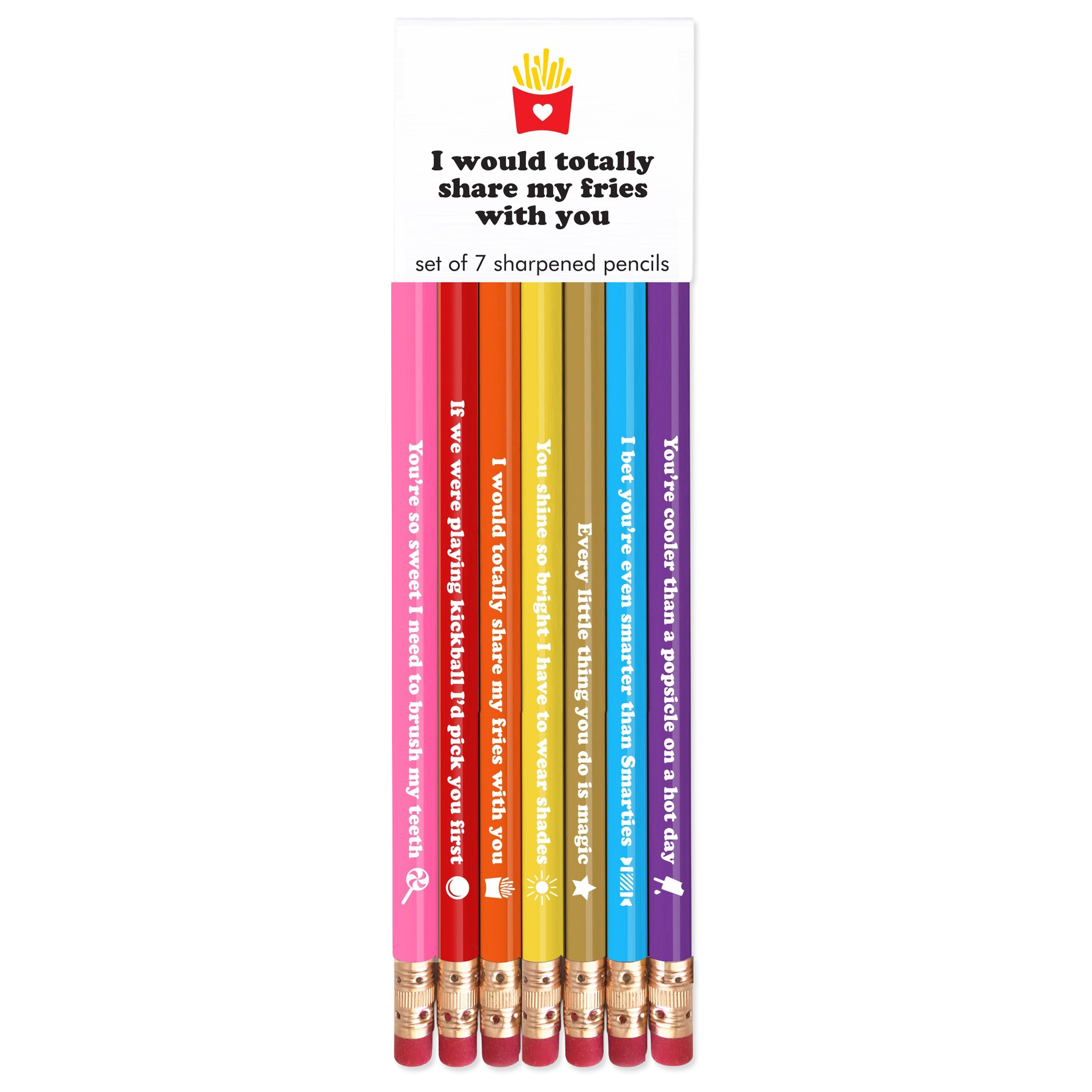 Set of 7 colorful pencils with humorous text on a white background