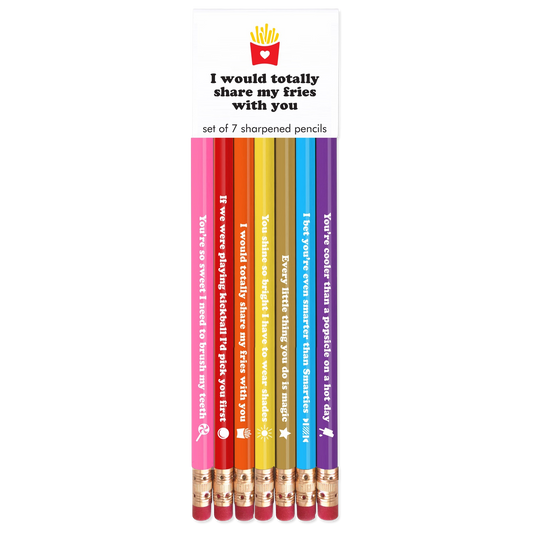 Set of 7 colorful pencils with humorous text on a white background