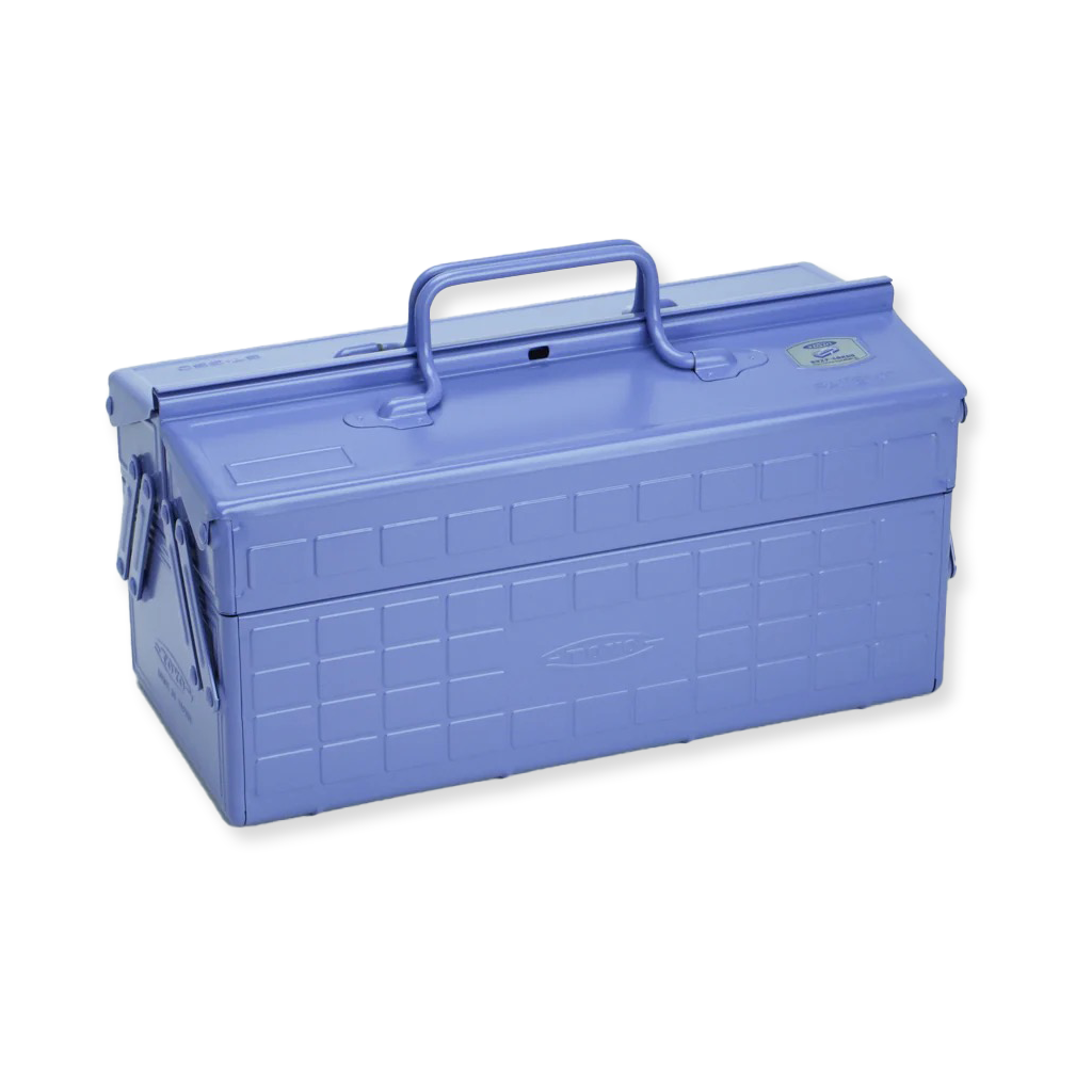 Lilac metal toolbox with a handle on a white background