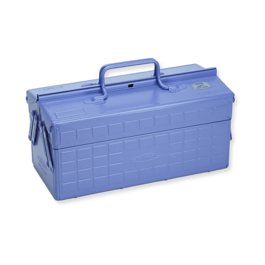 Lilac metal toolbox with a handle on a white background