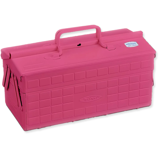 Pink metal tool box with a handle on a white background