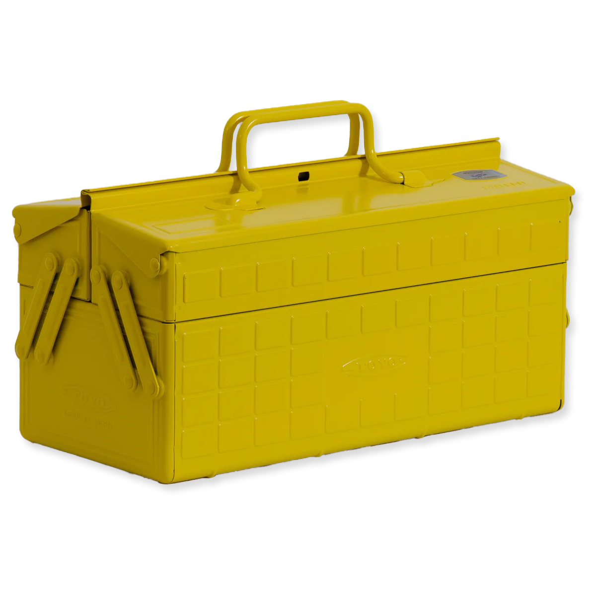 Yellow toolbox with a handle on a white background