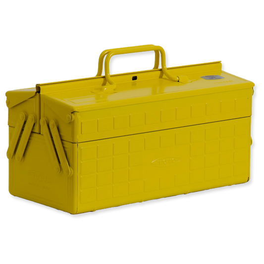 Yellow toolbox with a handle on a white background