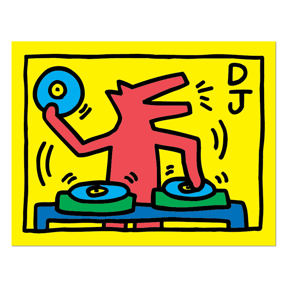 Colorful cartoon depicting a dog DJ spinning records.