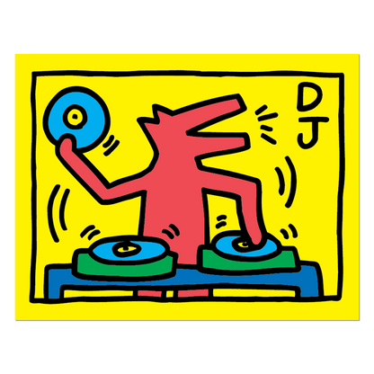 Colorful cartoon depicting a dog DJ spinning records.