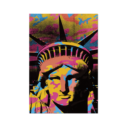 Closeup image of the state of liberty, with colorful camouflage pattern overlay.