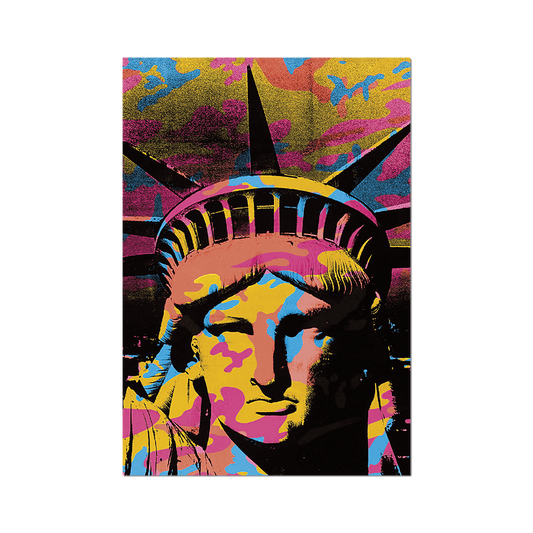 Closeup image of the state of liberty, with colorful camouflage pattern overlay.