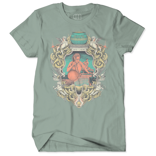 Aloe green t-shirt with decorative graphic design on a white background