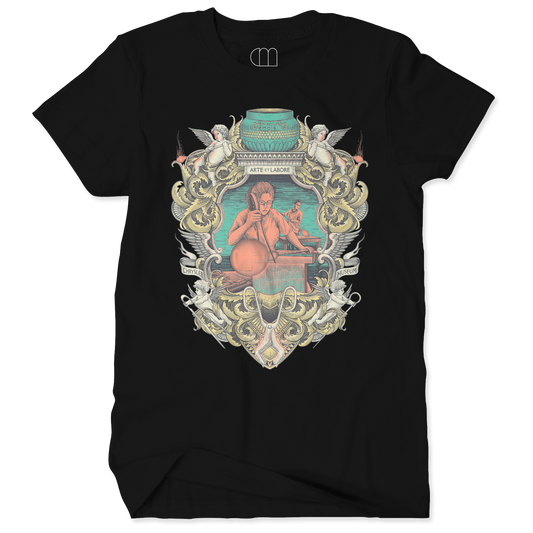 Black t-shirt with a colorful graphic design on a white background