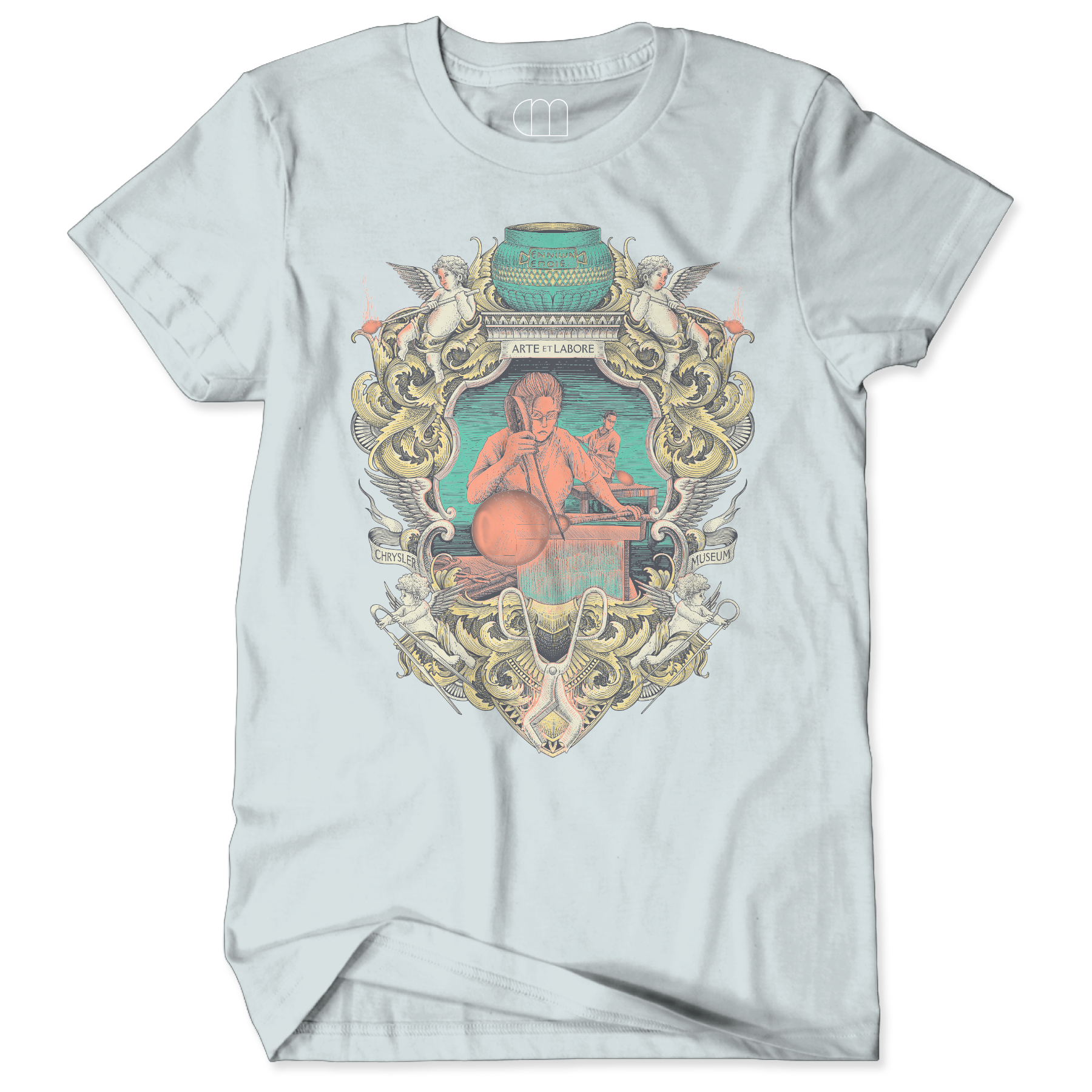 Light blue t-shirt with decorative graphic design on a white background